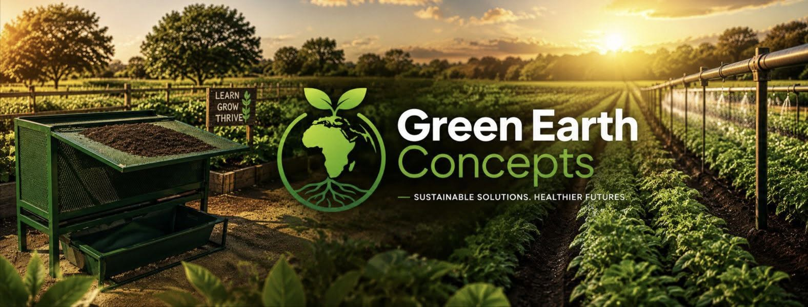 Green Earth Concepts Facebook page cover: worm farm compost unit, food garden rows and irrigation at sunset
