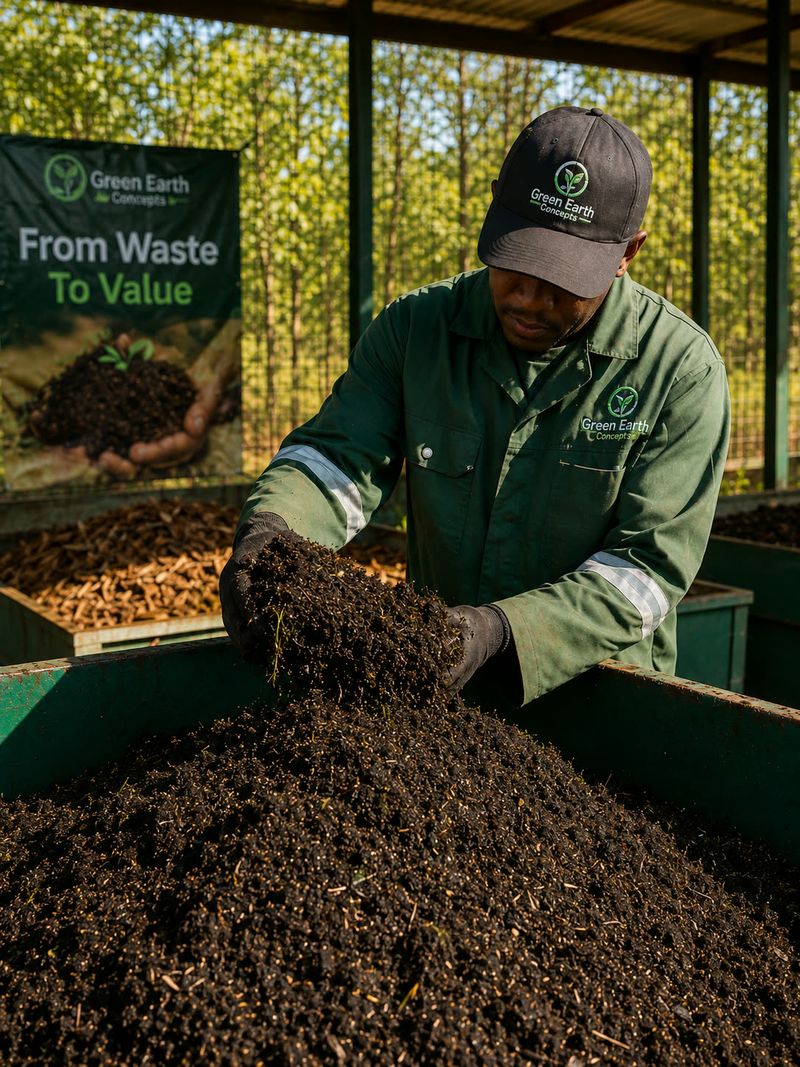Green Earth Concepts worker turning rich organic compost — From Waste To Value in action