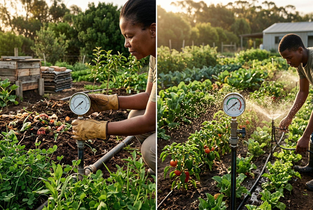 The same irrigation pressure gauge observed with the system off and with a watering zone operating