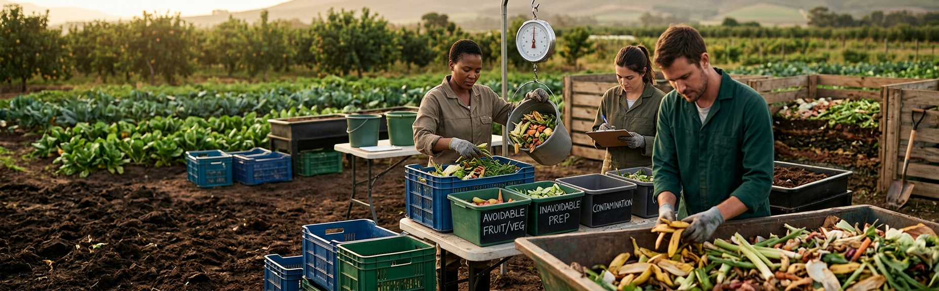 A woman audit lead and site team weigh labelled organic-waste categories at a controlled audit station.