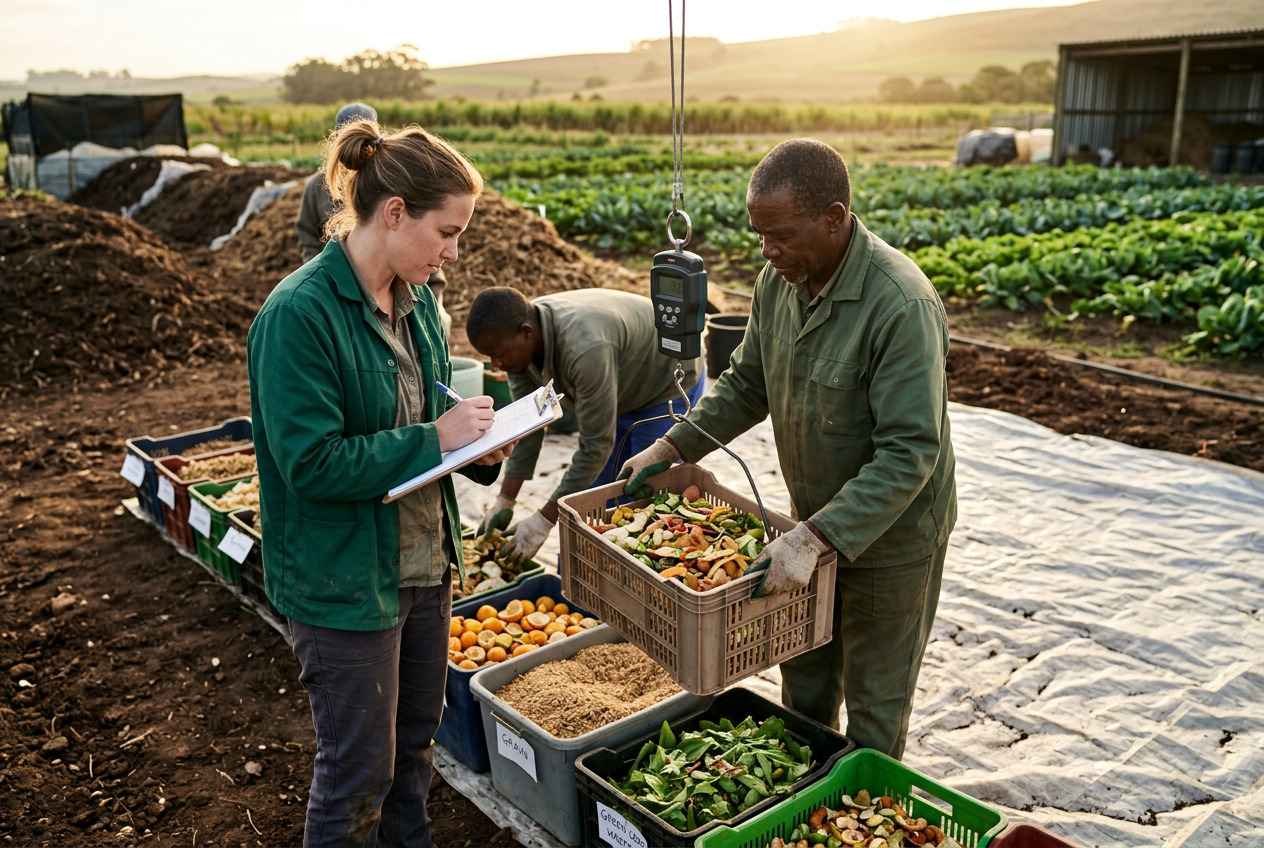 A woman audit lead and site team weigh labelled organic-waste categories at a controlled audit station.