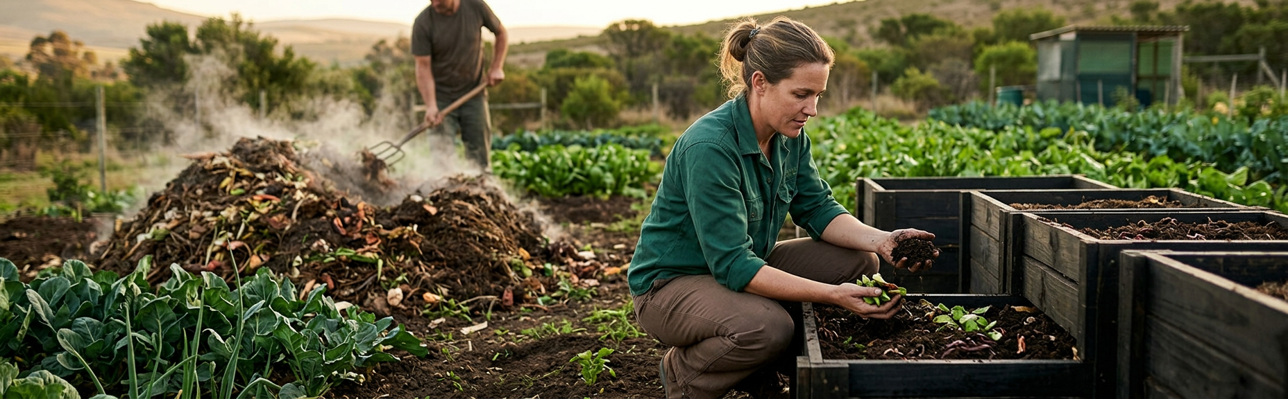 Separated hot-compost, readiness-check and vermicomposting zones on a South African site