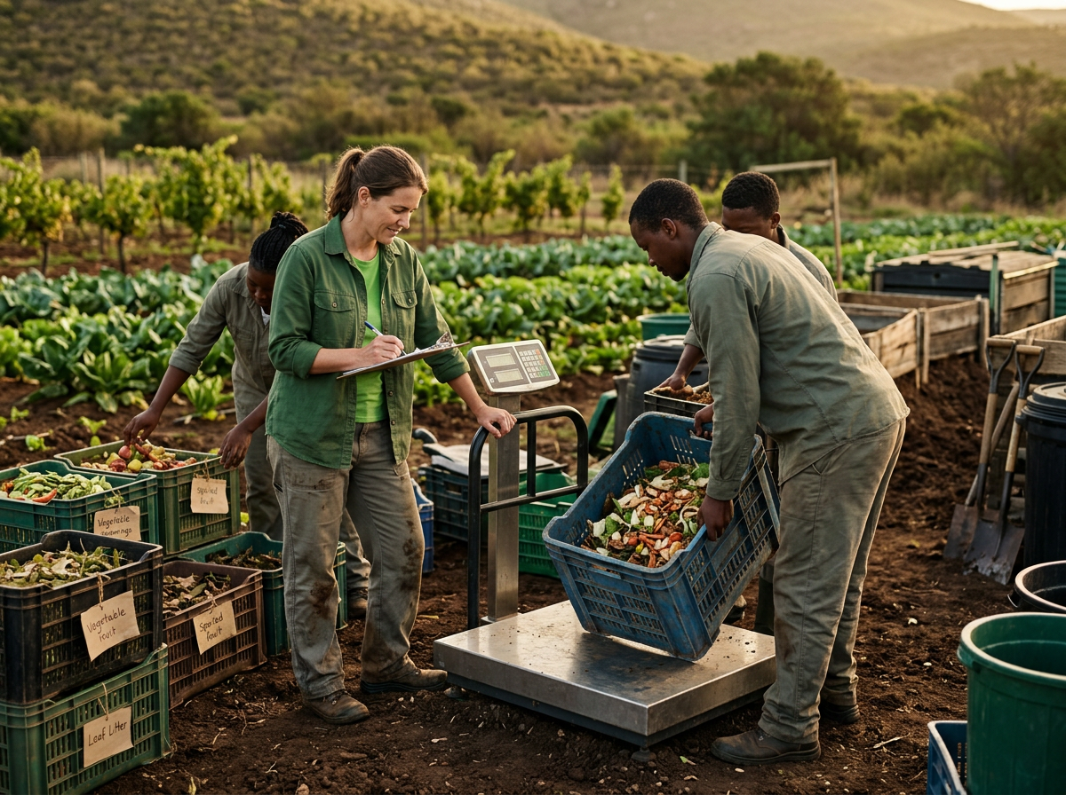 A woman audit lead and site team weigh labelled organic-waste categories at a controlled audit station.
