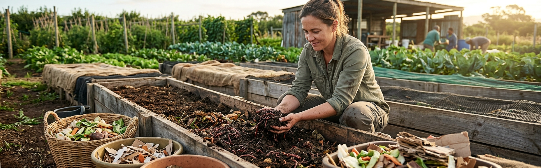 Red composting worms in moist bedding being checked before stocking a South African worm farm