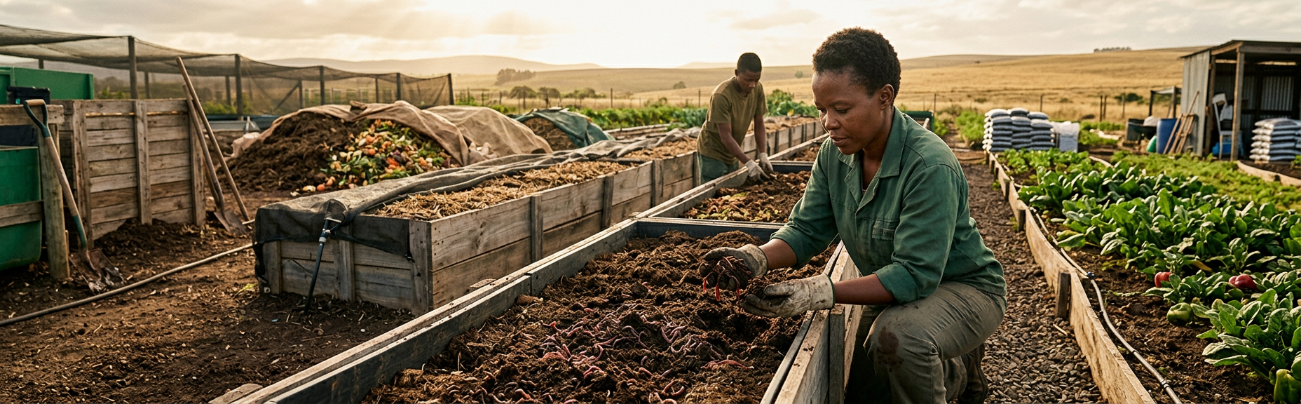 South African commercial worm farm with shaded beds, feedstock area, water point and trained operators