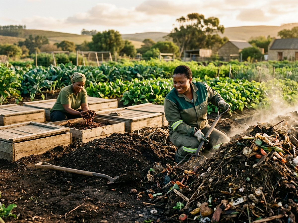 Separated hot-compost, readiness-check and vermicomposting zones on a South African site