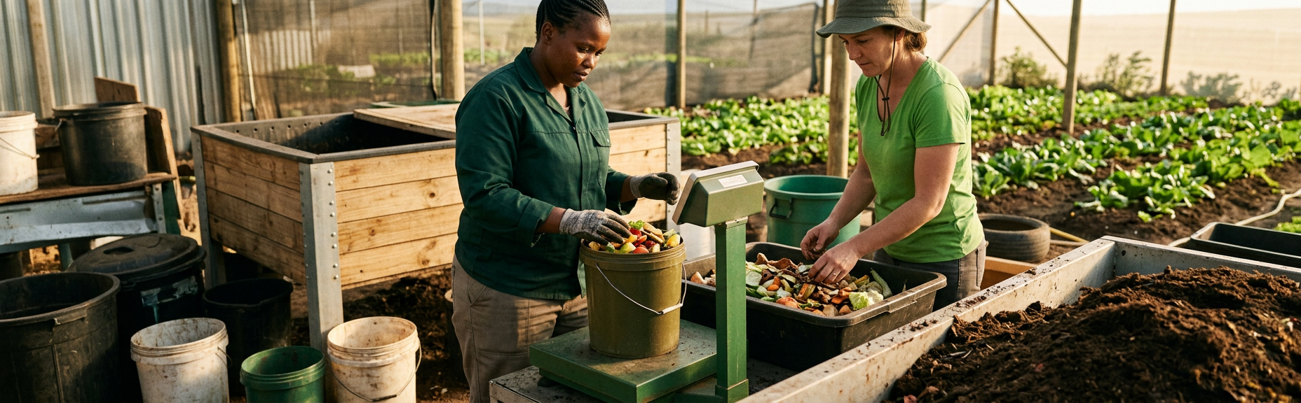 South African team weighing separated organic material to plan modular worm farm capacity