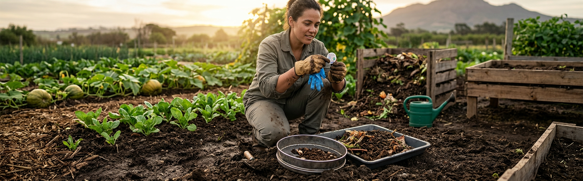 A waste supervisor and team inspect a small organic-waste sample and isolate common contaminants.