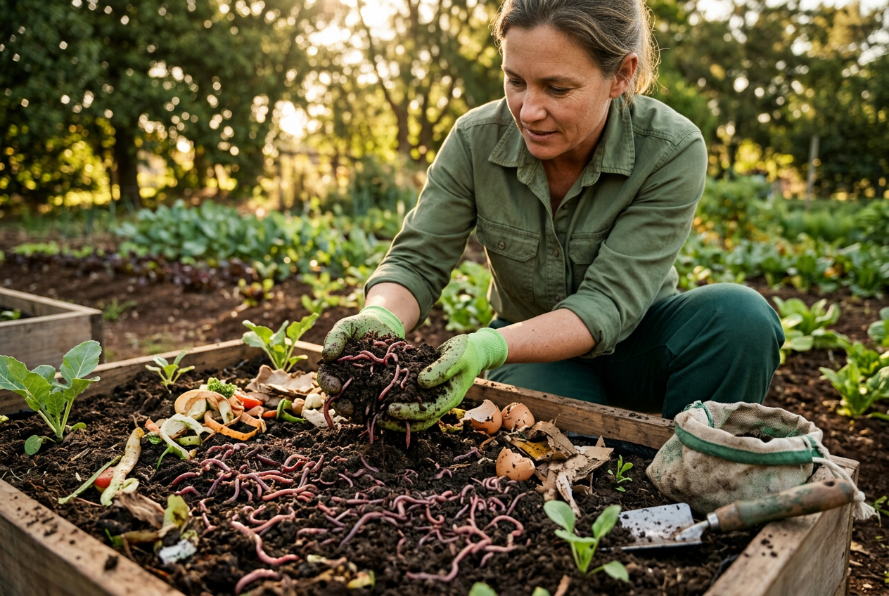 Red composting worms in moist bedding being checked before stocking a South African worm farm