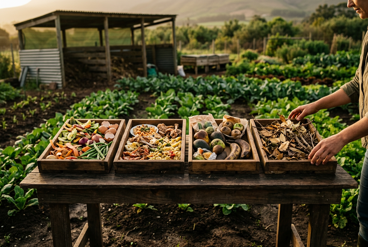 Separate trays show preparation scraps, plate waste, packaged spoilage and dry garden material for characterisation.