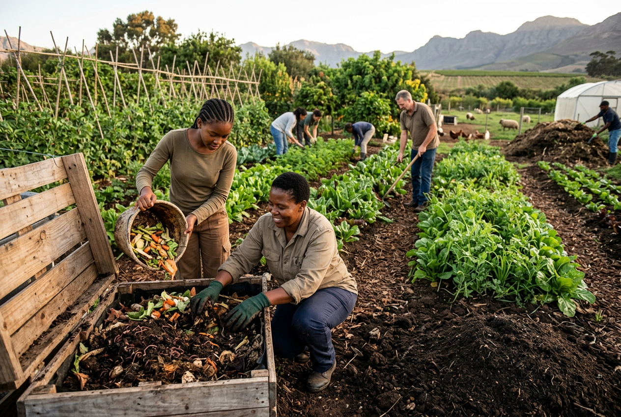 South African commercial worm farm with shaded beds, feedstock area, water point and trained operators