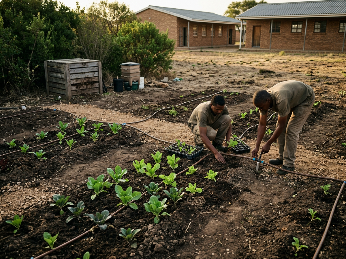School site plan changing from unused ground to a small food-garden pilot with safe paths and irrigation