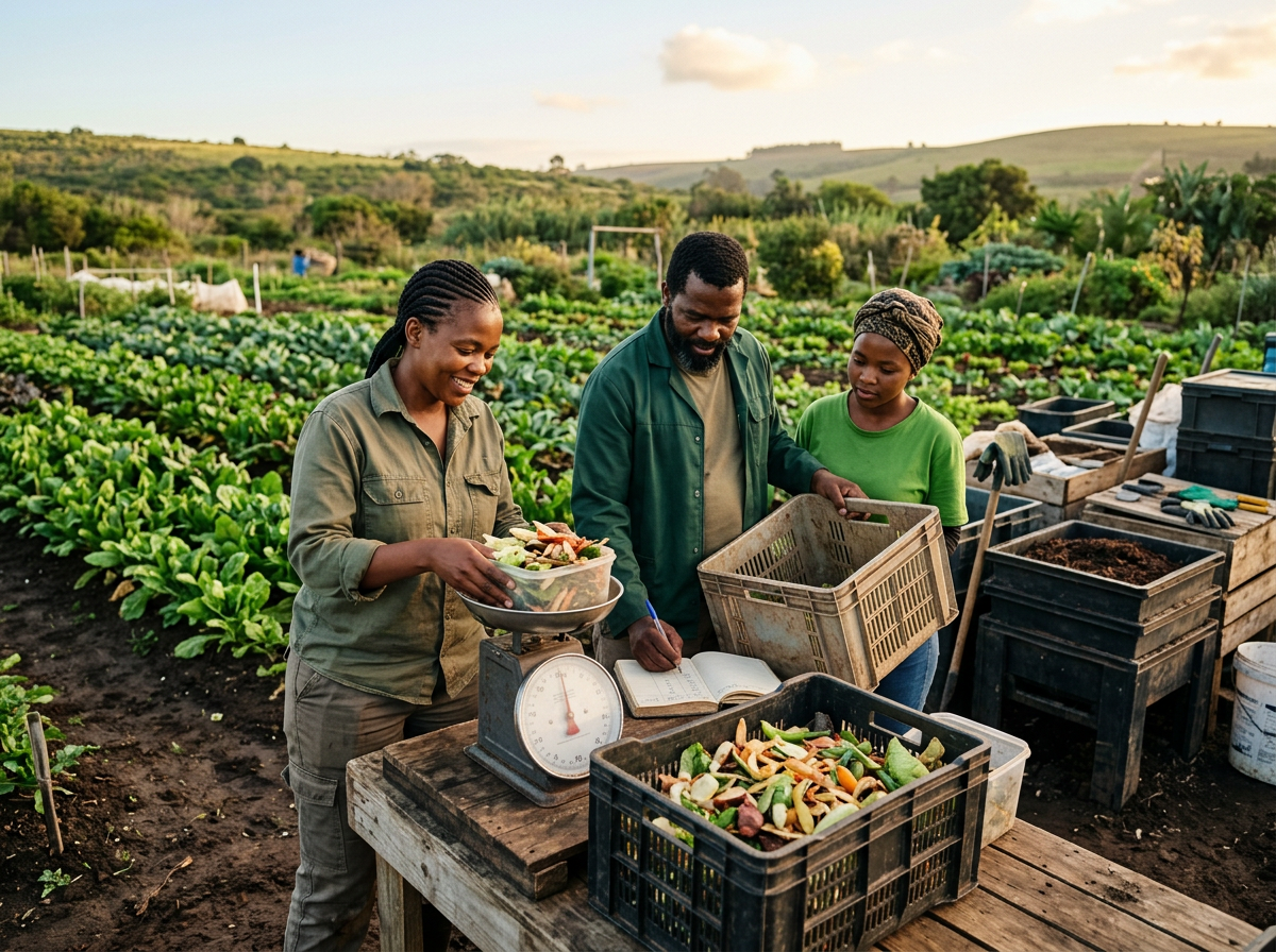 South African team weighing separated organic material to plan modular worm farm capacity