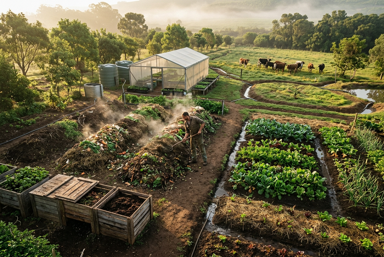 Overhead worm farm site layout showing access, shade, drainage, feedstock, water and harvest zones