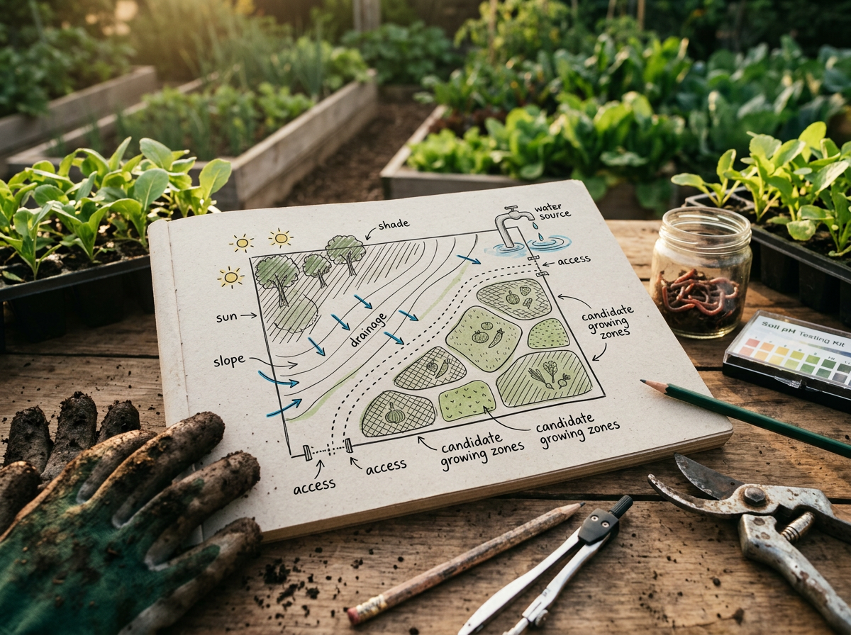 Annotated garden assessment map with sun, shade, slope, drainage, water source, access and candidate growing zones