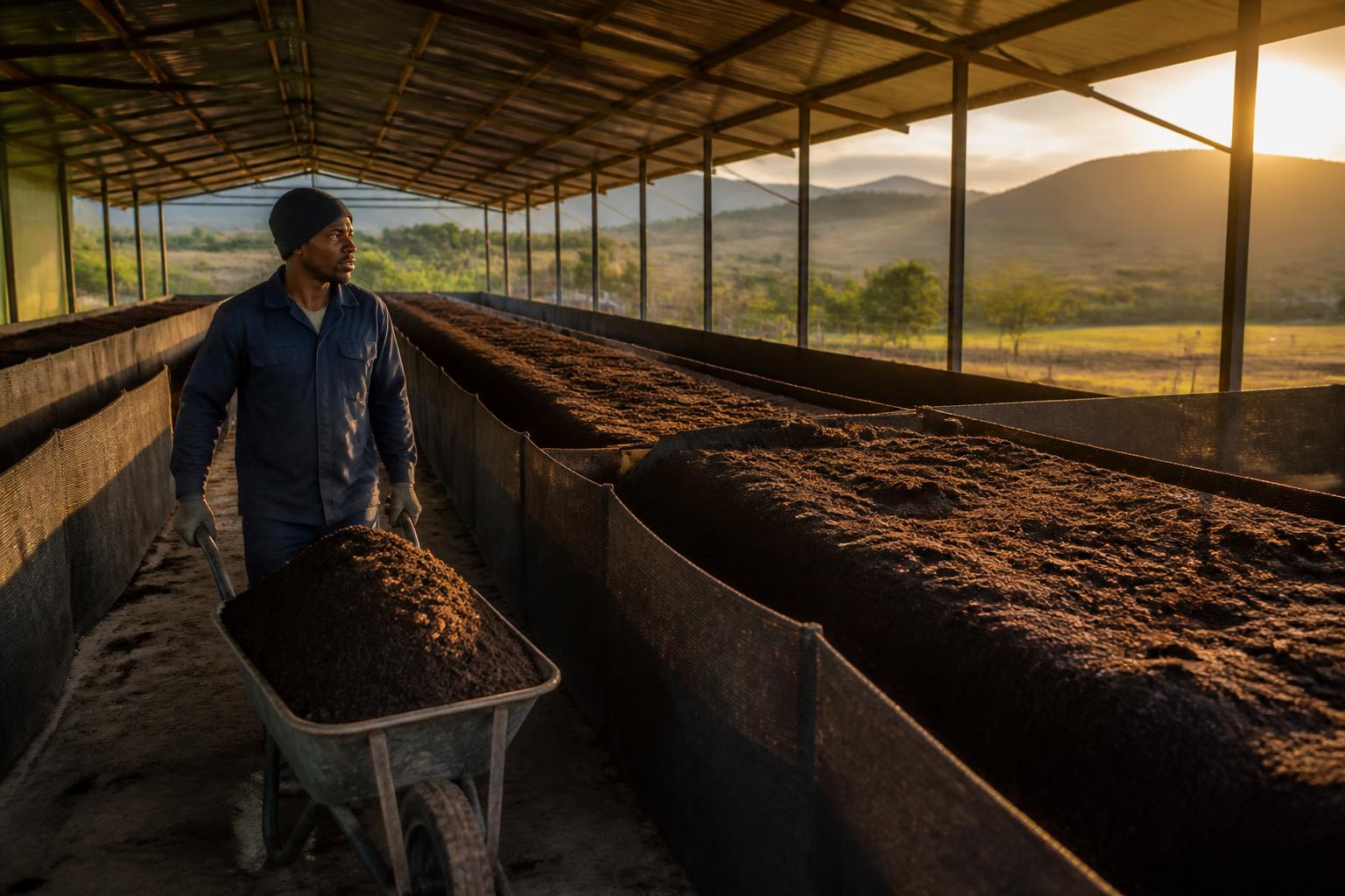 Large commercial worm farm beds at golden hour with a worker moving finished vermicompost