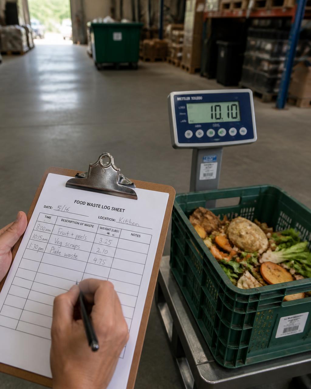 Separated food waste being weighed and recorded on a waste log sheet