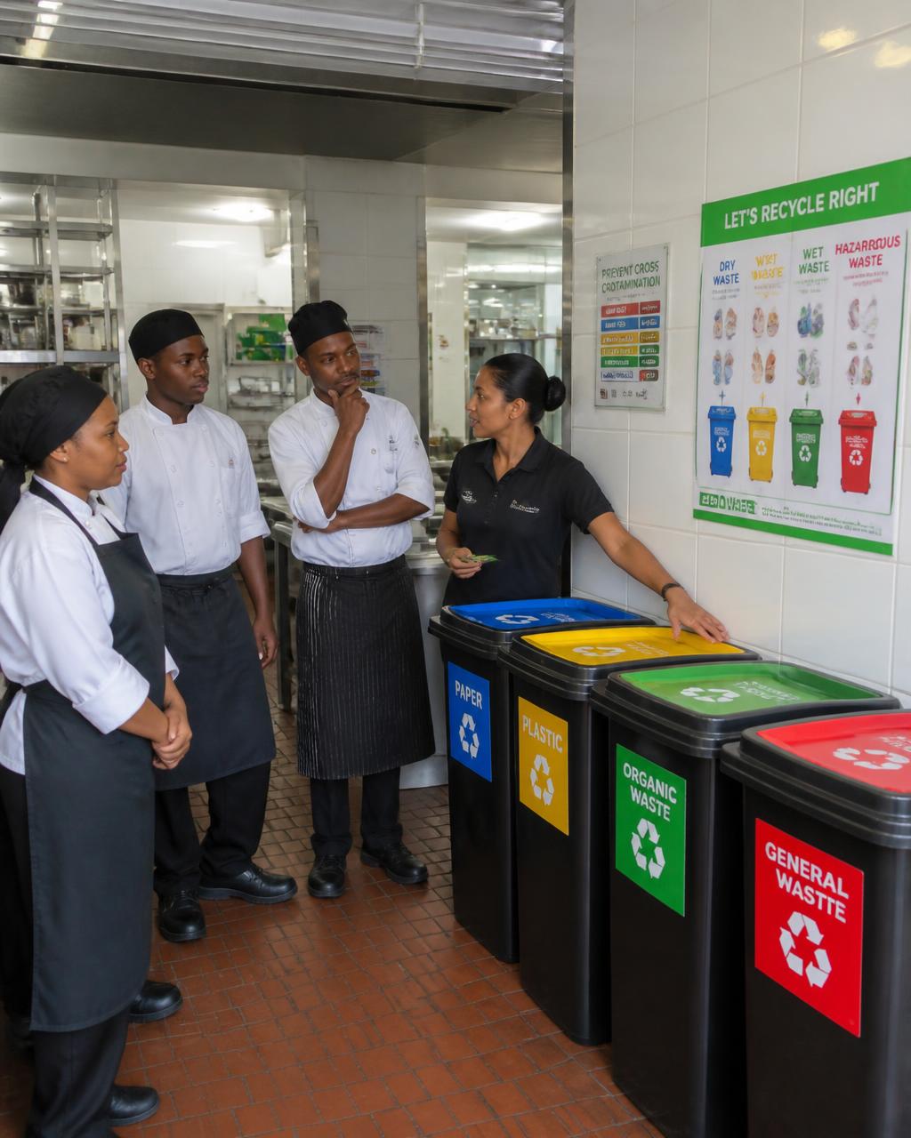 Trainer showing a kitchen team how to separate organic waste into labelled bins