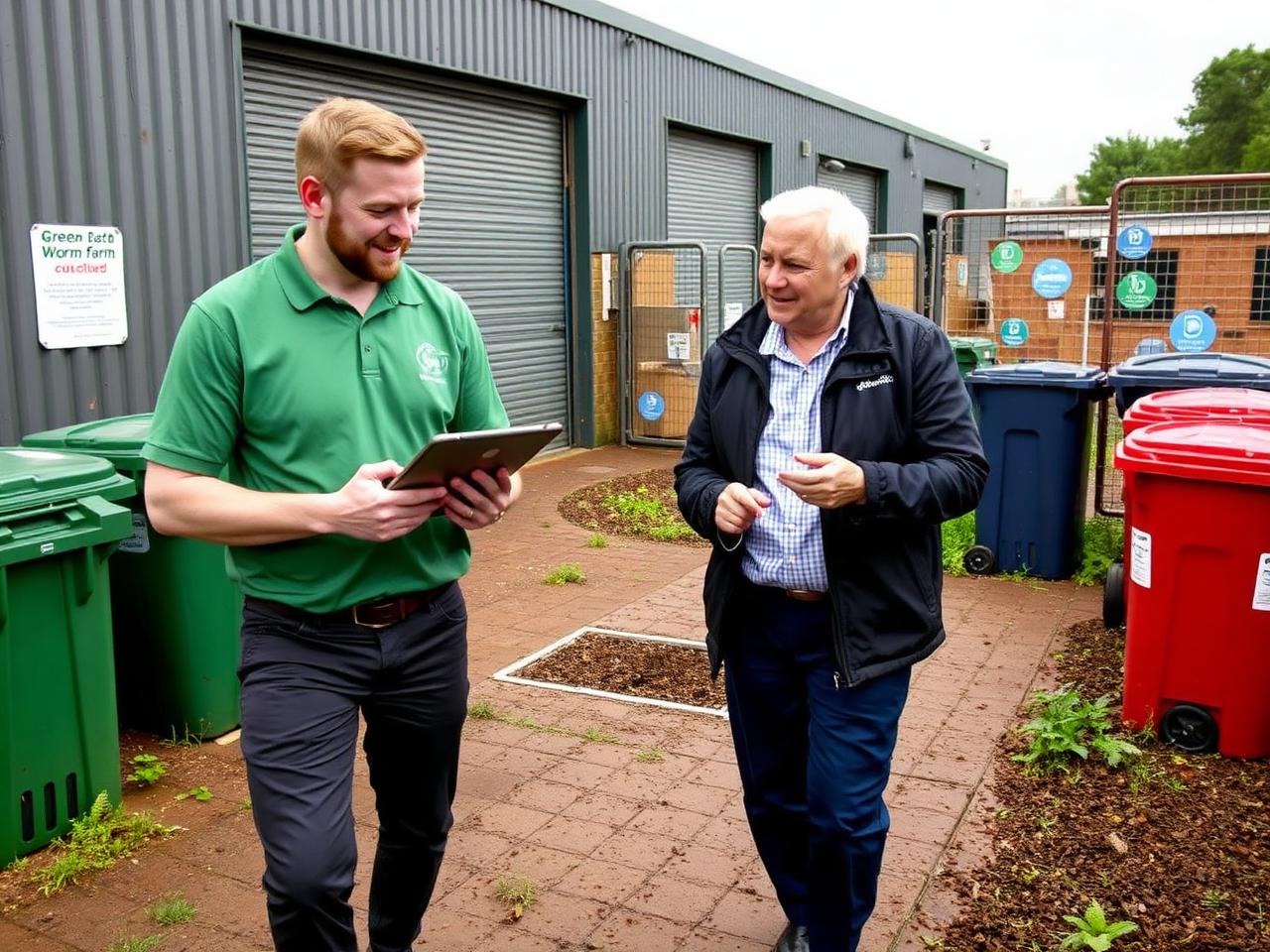 Green Earth team member walking a commercial site with a client manager to scope a worm farm installation