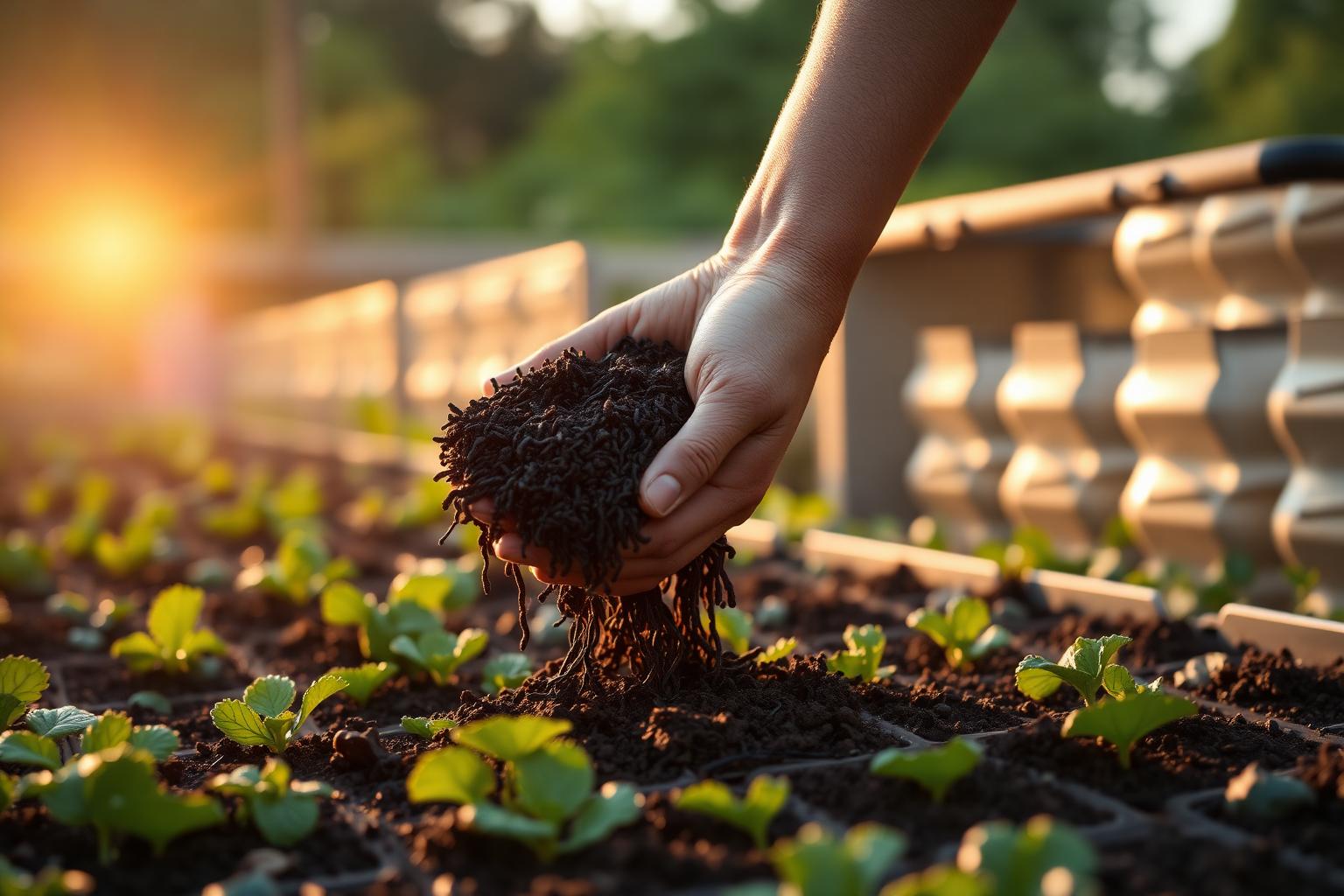 Rich vermicompost being placed into a healthy vegetable garden at sunrise with a commercial worm farm system in the background