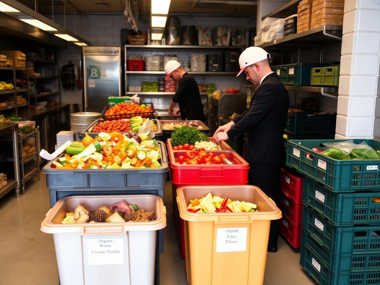 Food retailer back-of-house with separated fruit and vegetable waste being prepared for a worm farm