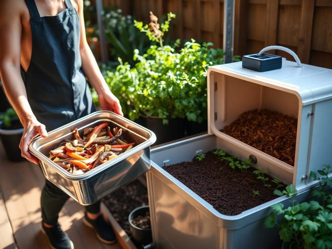 Lodge staff carrying separated kitchen scraps to a clean worm farm beside a lush herb garden