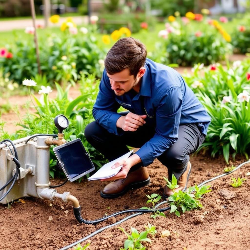 A Green Earth team member checking water pressure and valve at a site assessment