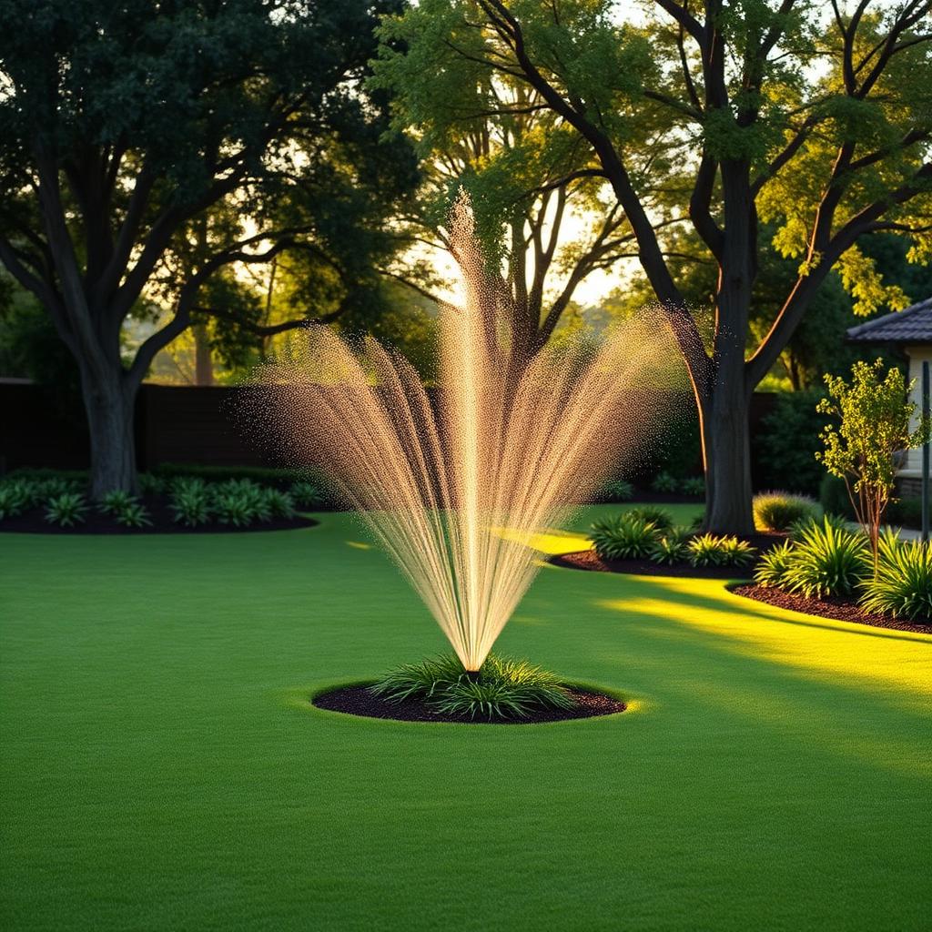 An estate landscape with lush lawns and discreet sprinklers in action