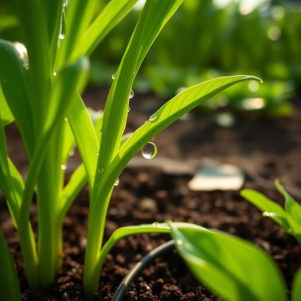 Water droplets on healthy green leaves with drip irrigation visible in rich soil