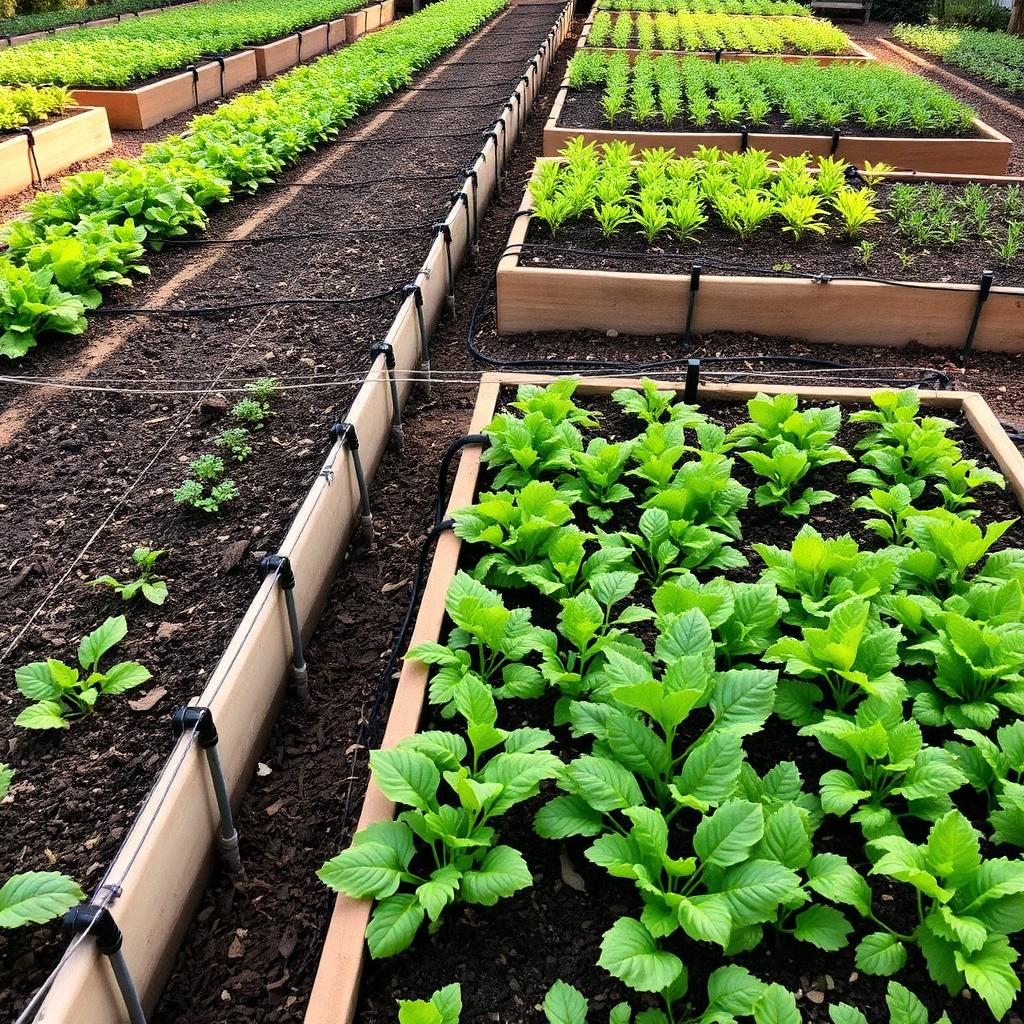Drip irrigation lines running across raised vegetable beds