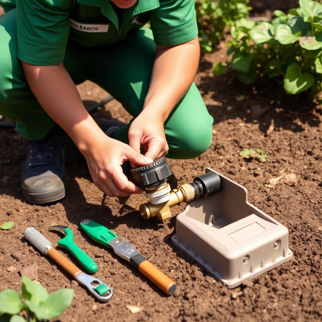 A Green Earth team member cleaning an irrigation filter and checking a valve box