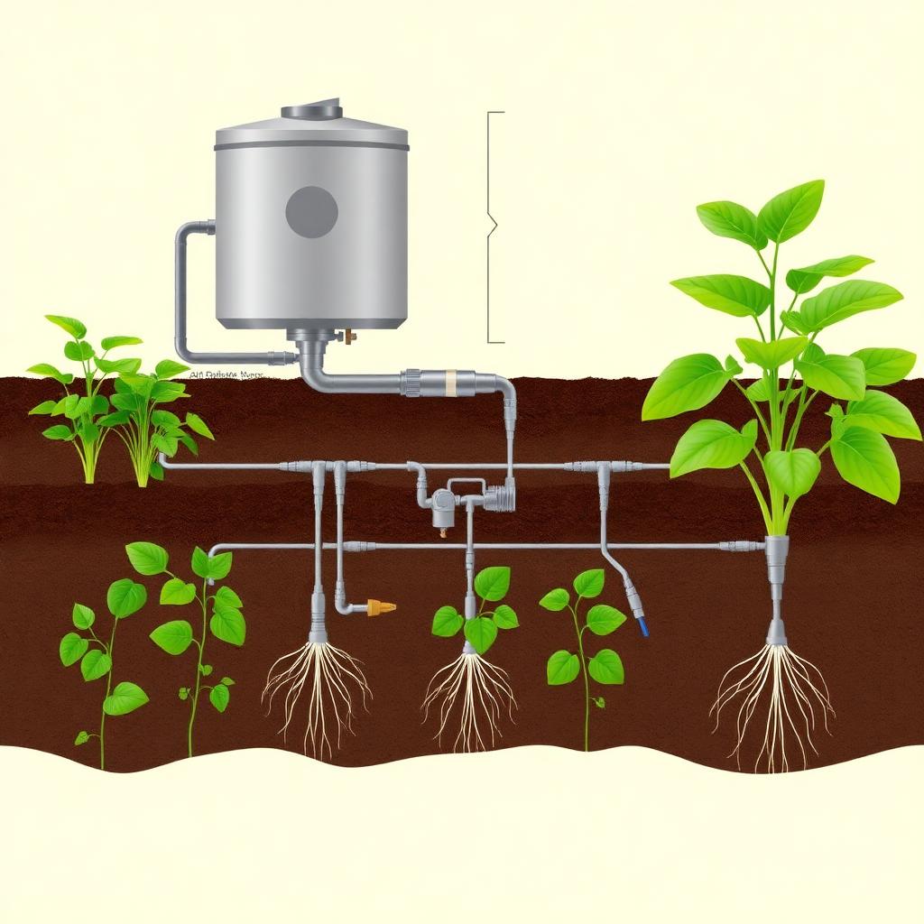 Layered diagram of a water-wise irrigation system showing water source, valves, drip lines and roots