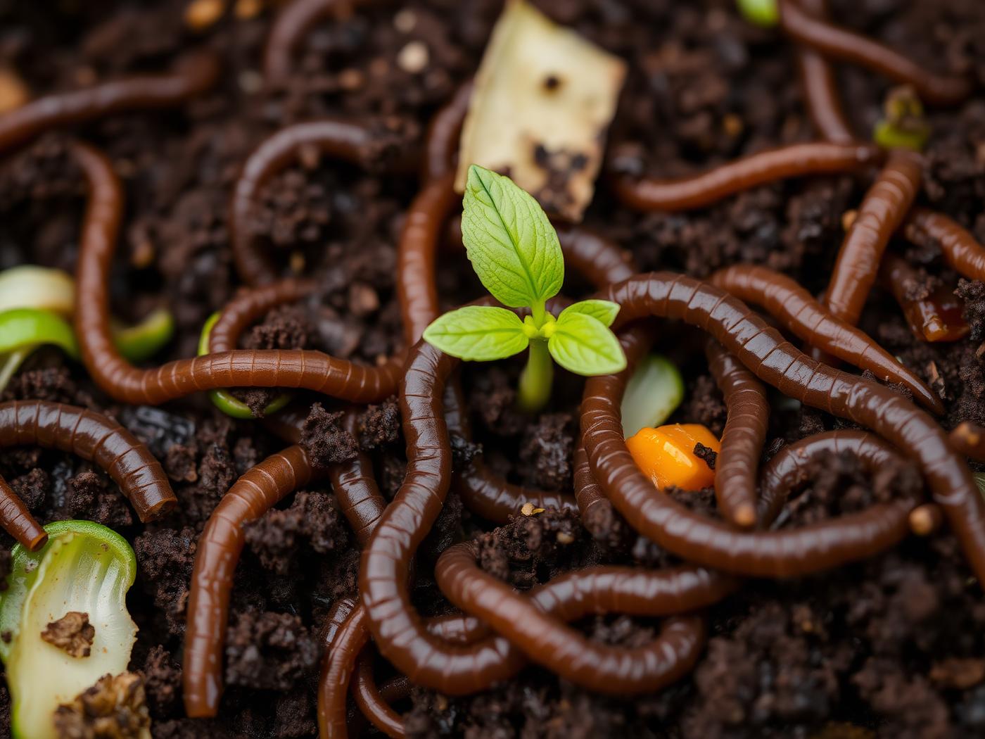 Worms and a fresh sprout in rich vermicompost — a circular organic waste system