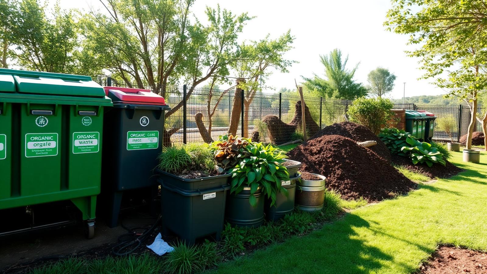 Organic waste flow from labelled bins through composting to a landscaped garden
