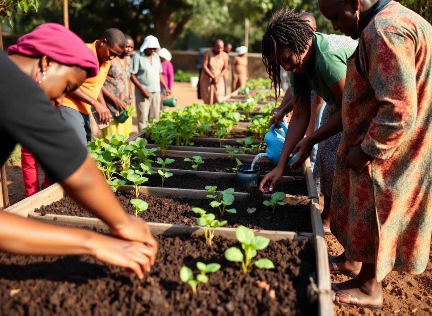 A community food garden in South Africa with people planting and harvesting