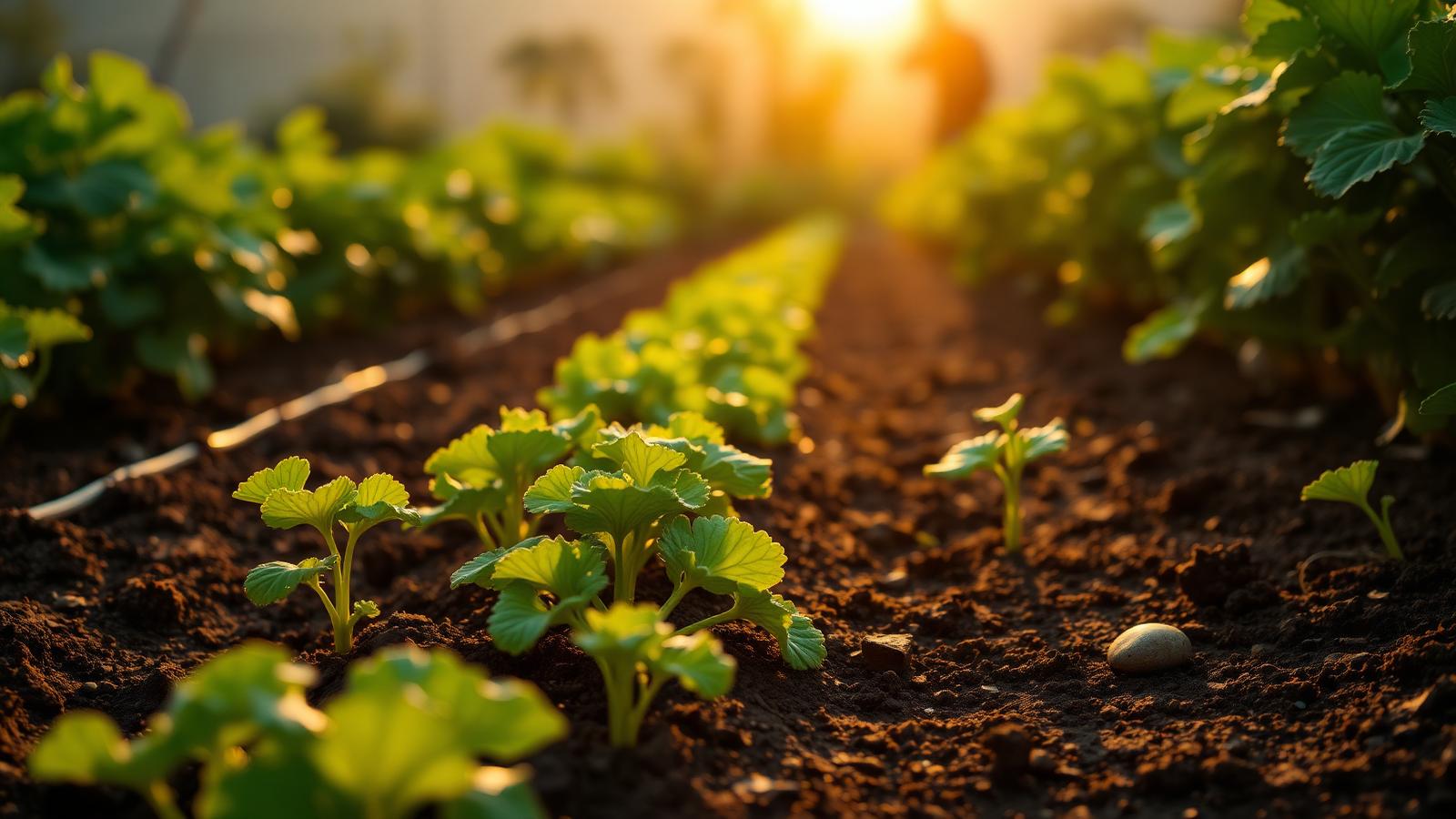Healthy vegetables in rich soil at sunrise