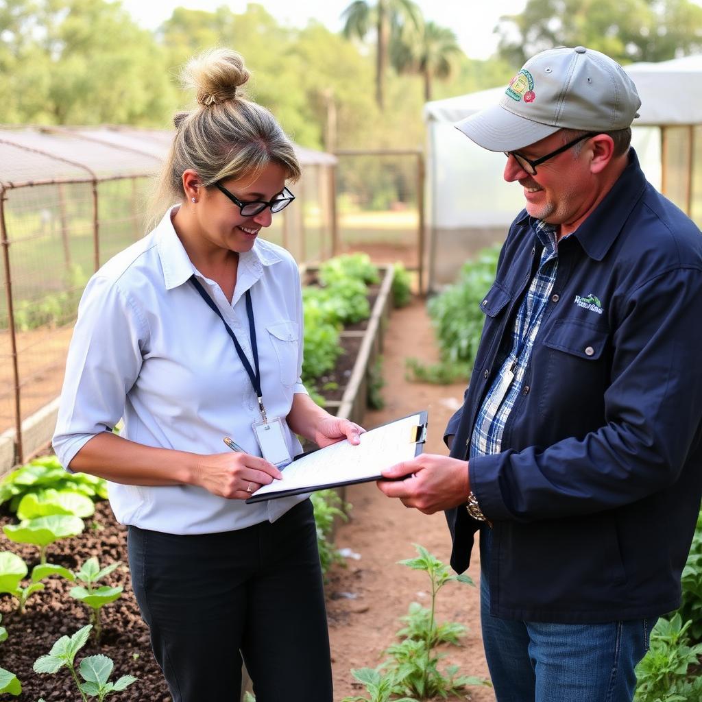 Green Earth advisor assessing a site with a client beside a food garden