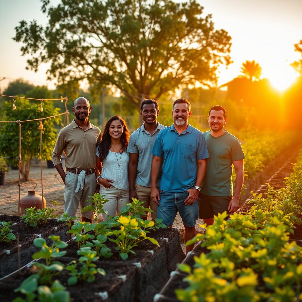 Confident trained team standing proudly beside a healthy food garden and worm farm