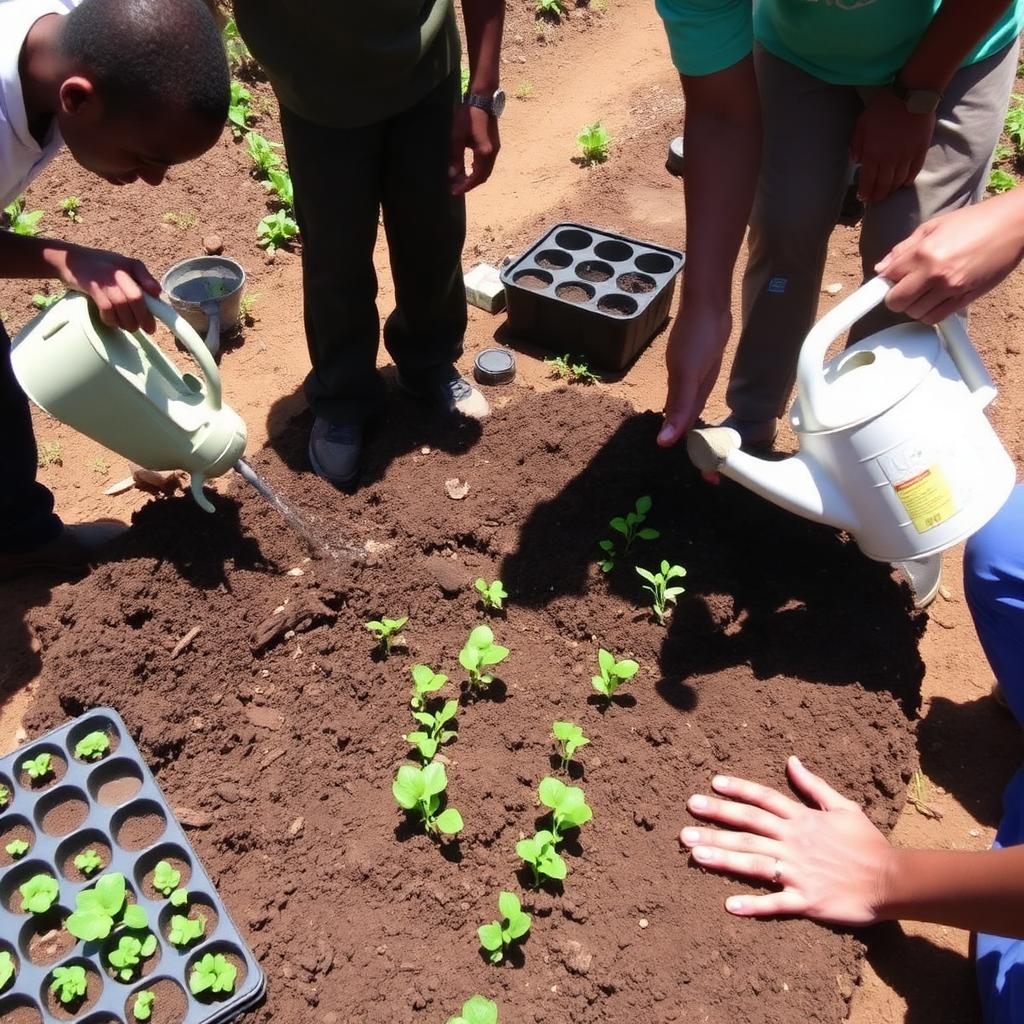 Learners preparing a food garden bed with compost and seedling trays