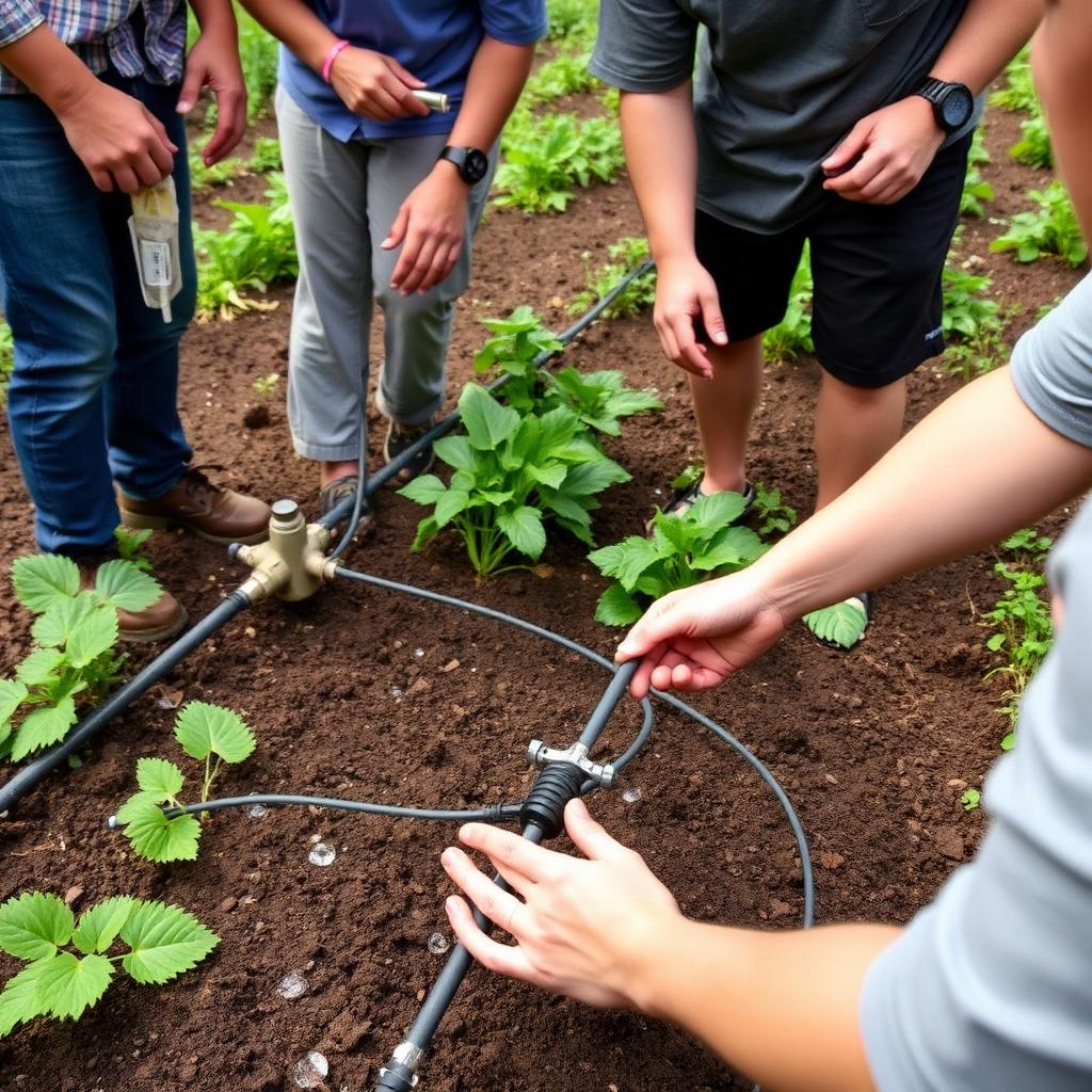 Trainer demonstrating drip irrigation checks in a vegetable garden