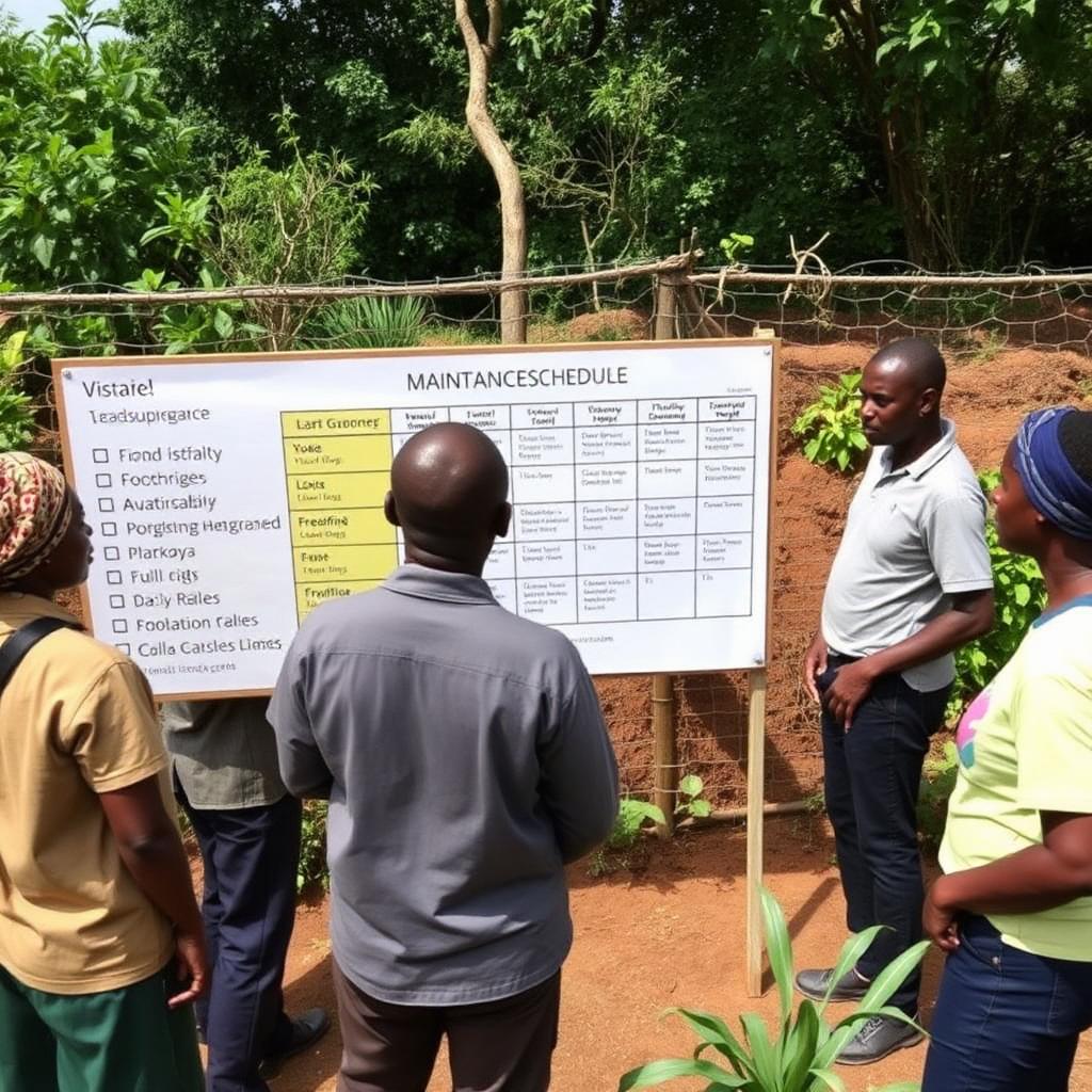 Team learning practical environmental routines around a maintenance schedule board