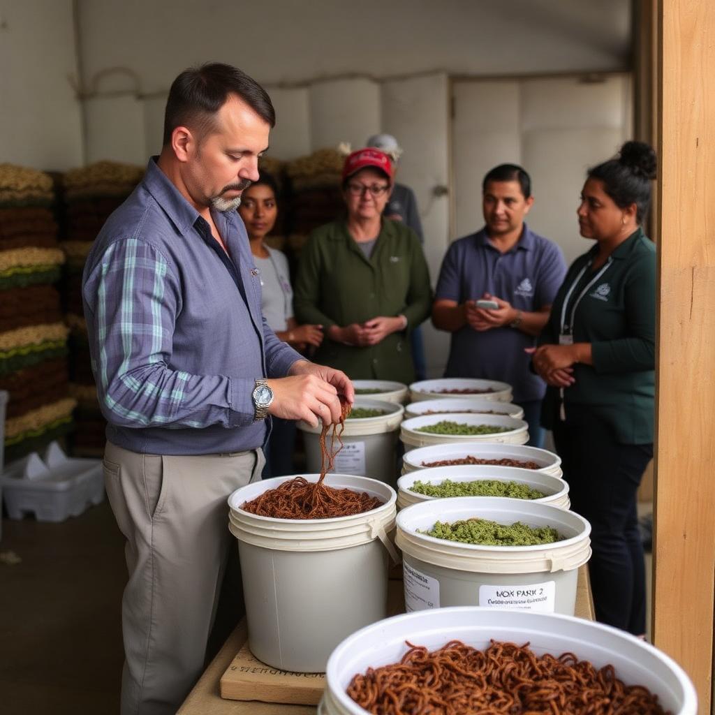 Trainer demonstrating worm farm feedstock layering and feeding